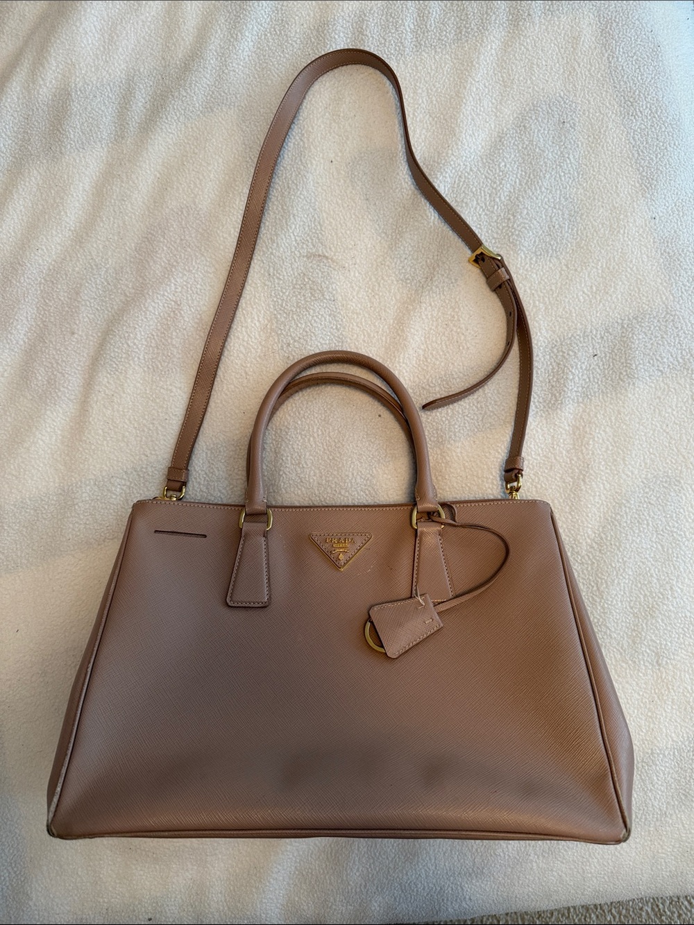 Prada Tan Saffiano Satchel with Gold Hardware